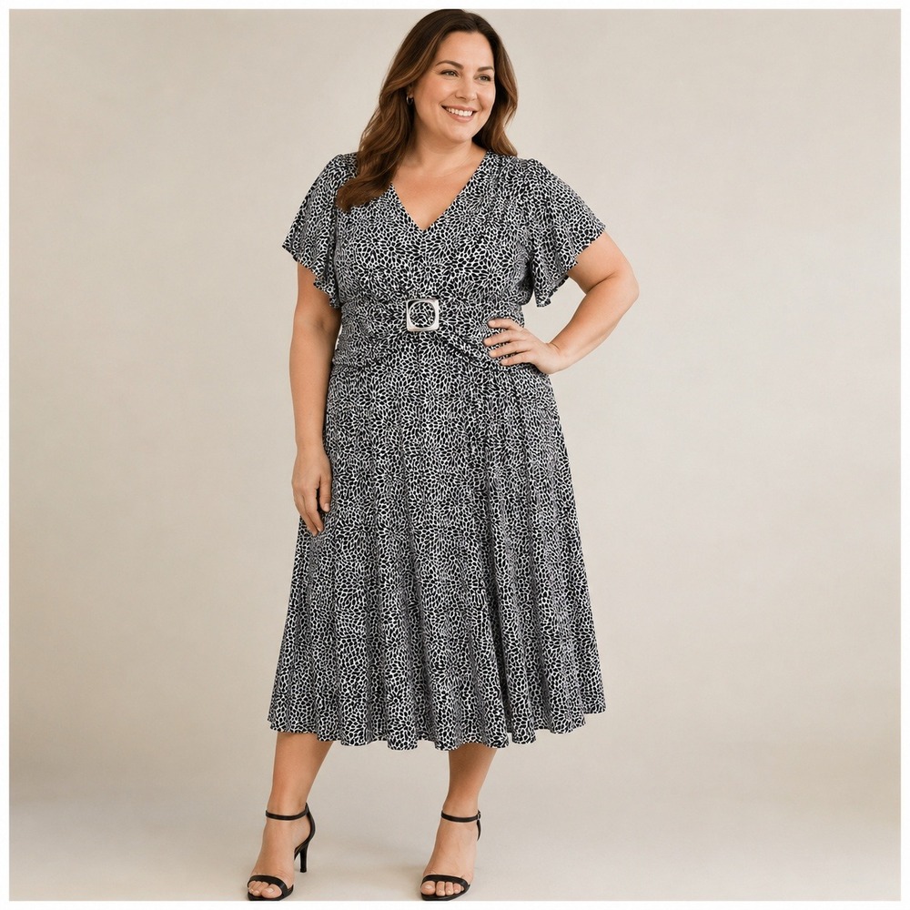 Perceptions Womens 18W Navy‎ White Floral Midi Dress Belted Stretch Career Party